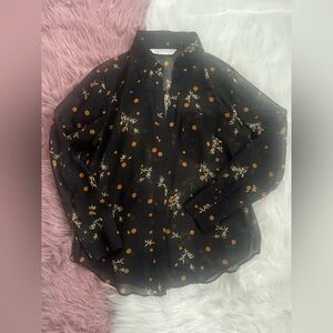 Zara Black Sheer Blouse with Floral & Dot Pattern